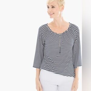 Chico's Black & White Striped Knit Kit Off Shoulder Front Zip Top Women's Size L